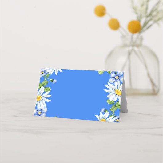 Blue White Country Daisy Floral Wedding Platzkarte (Rückseite)