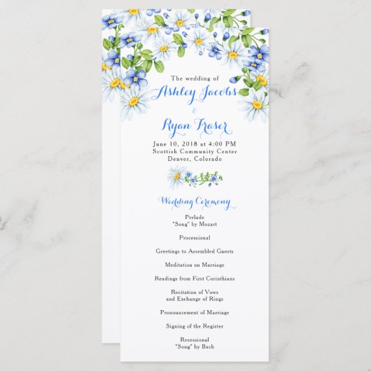 Blue White Country Daisy Floral Wedding Program Programm (Vorne/Hinten)