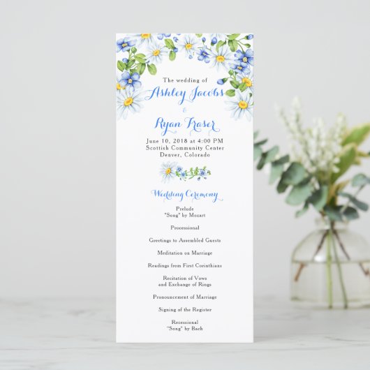 Blue White Country Daisy Floral Wedding Program Programm (Stehend Vorderseite)