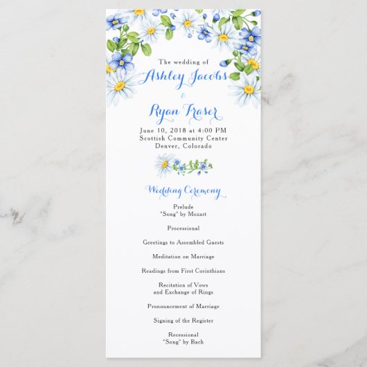 Blue White Country Daisy Floral Wedding Program Programm (Vorderseite)
