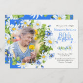 Blue White Country Daisy Foto 80. Geburtstag Einladung (Vorne/Hinten)