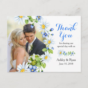 Blue White Country Daisy Foto Hochzeit Vielen Dank Postkarte
