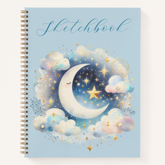 Blue White Crescent Moon Celestial Boho Sketchbook Notizblock (Vorderseite)