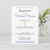 Blue White Cross Custom Name Baptism Einladung (Stehend Vorderseite)