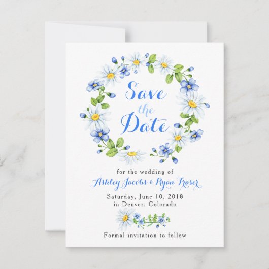 Blue White Daisy Bloral Wedding Save the Date (Vorderseite)
