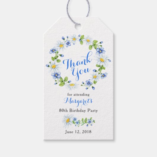 Blue White Daisy Floral 80. Geburtstag Vielen Dank Geschenkanhänger (Vorderseite)