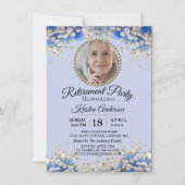 Blue White Daisy Floral Retirement Party Einladung (Vorderseite)