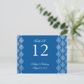 Blue White Damask Arabesque Tischnummer Card (Stehend Vorderseite)