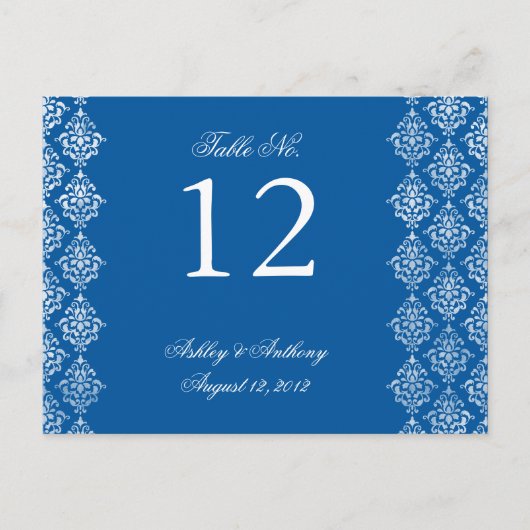 Blue White Damask Arabesque Tischnummer Card (Vorderseite)