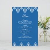 Blue White Damask Arabesque Wedding Menu Card (Stehend Vorderseite)