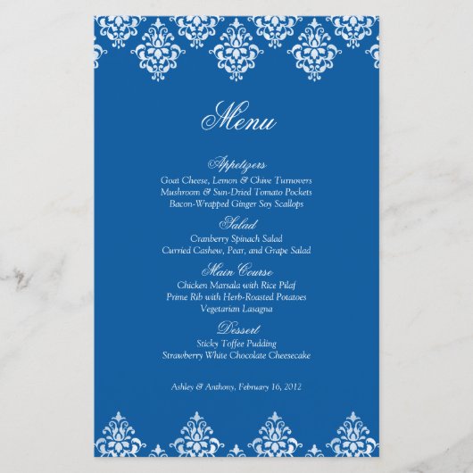 Blue White Damask Arabesque Wedding Menu Card (Vorderseite)