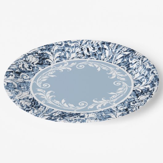 Blue White Damask Floral Wirbel Persönlich Pappteller (Schrägansicht)