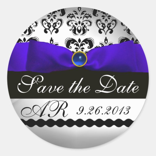 BLUE & WHITE DAMASK RIBBON MONOGRAM Saphire Runder Aufkleber (Vorderseite)
