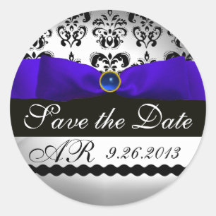 BLUE & WHITE DAMASK RIBBON MONOGRAM Saphire Runder Aufkleber