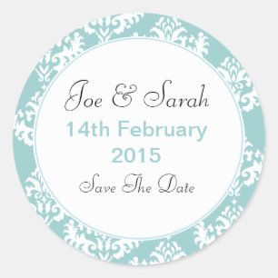 Blue & White Damask Save the Date Hochzeitskleber Runder Aufkleber