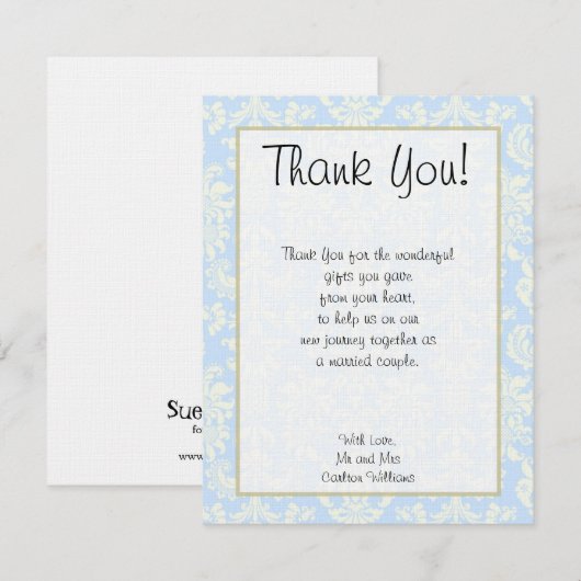 Blue/White Damask Wedding Flat Dankeschön Karte (Vorne/Hinten)