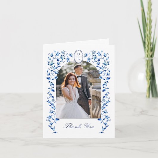 Blue & White Delft Foto Wedding Dankeskarte (Vorderseite)