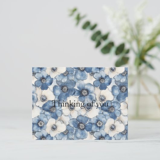 Blue White Denim Blume Denken Sie an Sie Postkarte (Stehend Vorderseite)