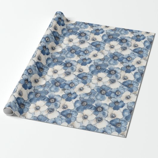 Blue White Denim Blume Geburtstag Geschenkpapier (Ungerollt)