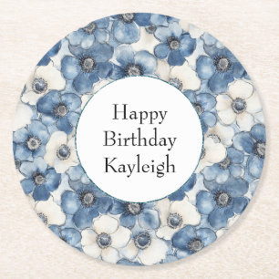 Blue White Denim Blume Geburtstag Runder Pappuntersetzer