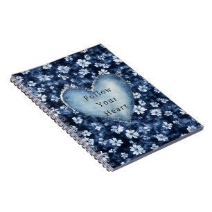 Blue White Denim Blume Herz Notizblock