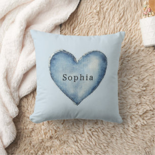 Blue White Denim Heart Kissen