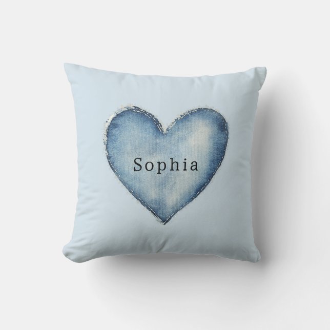 Blue White Denim Heart Kissen (Vorderseite)