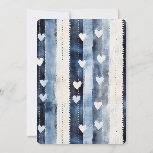 Blue White Denim Heart Stripes Baby Dusche Einladung (Rückseite)