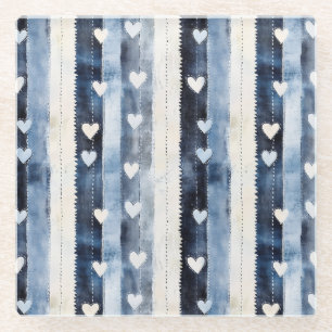 Blue White Denim Heart Stripes Birthday Glasuntersetzer