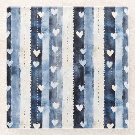 Blue White Denim Heart Stripes Birthday Glasuntersetzer (Vorderseite)
