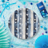 Blue White Denim Heart Stripes Birthday Pappteller (Party)