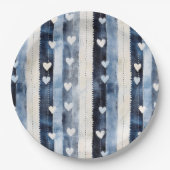 Blue White Denim Heart Stripes Birthday Pappteller (Vorderseite)