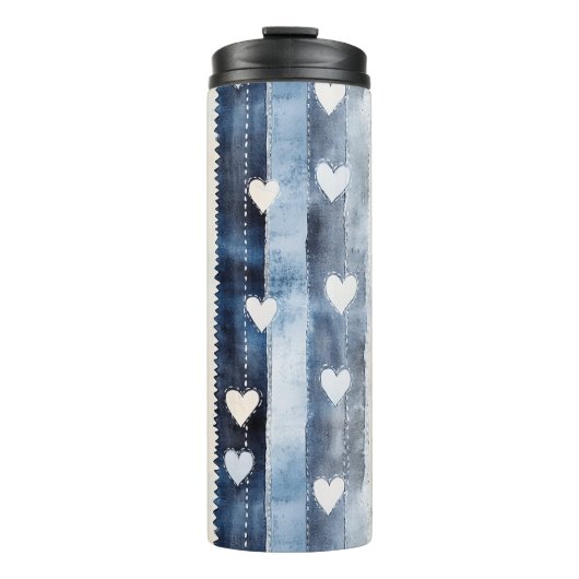 Blue White Denim Heart Stripes Birthday Thermosbecher (Vorderseite)