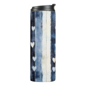 Blue White Denim Heart Stripes Birthday Thermosbecher (Nach links gedreht)