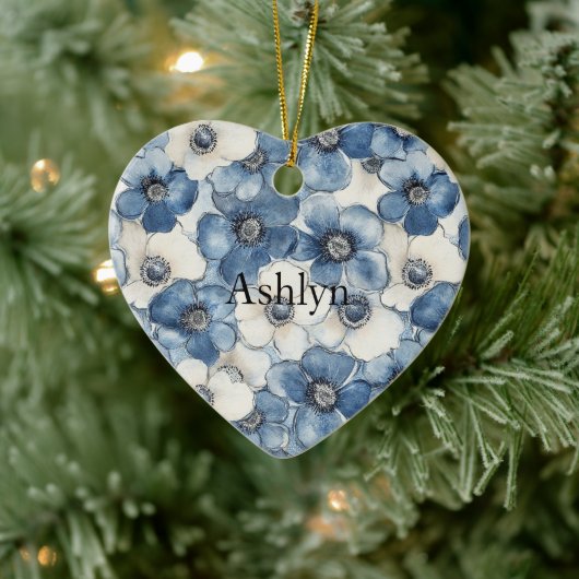 Blue White Denim Heart Stripes Blume Weihnachten Keramik Ornament (Baum)