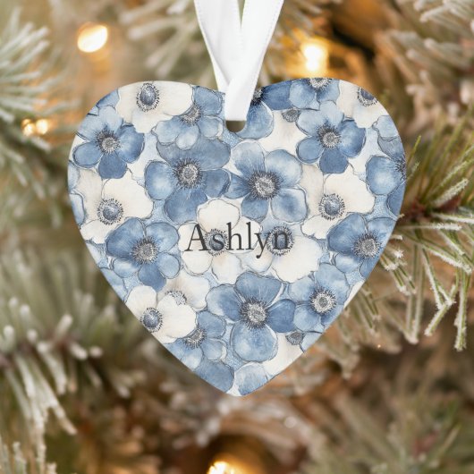 Blue White Denim Heart Stripes Blume Weihnachten Ornament (Baum)