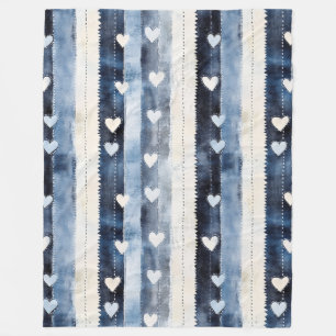 Blue White Denim Heart Stripes Fleecedecke