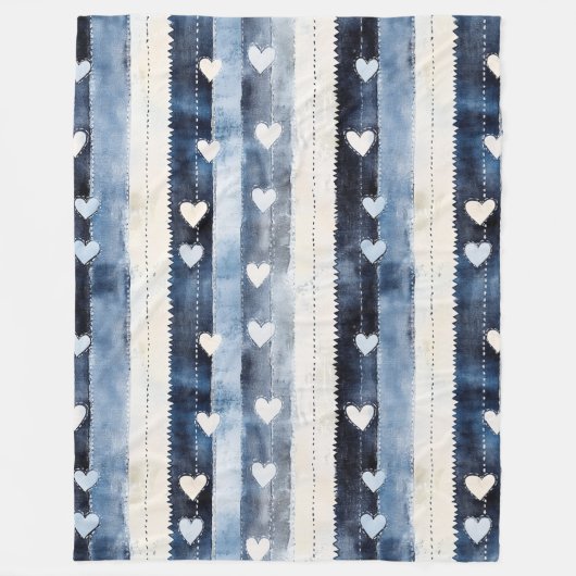 Blue White Denim Heart Stripes Fleecedecke (Vorderseite)