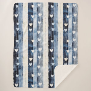 Blue White Denim Heart Stripes Sherpadecke