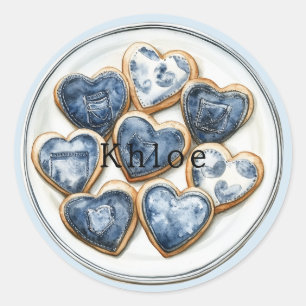 Blue White Denim Hearts Runder Aufkleber