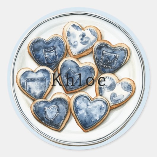 Blue White Denim Hearts Runder Aufkleber (Vorderseite)