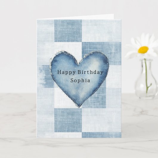 Blue White Denim Jean Heart Personalisierter Name Karte (Kleine Pflanze)