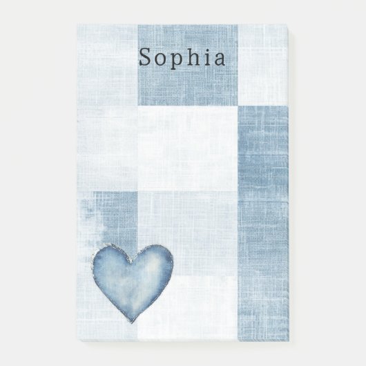 Blue White Denim Jean Heart Personalisierter Name Post-it Klebezettel (Vorderseite)
