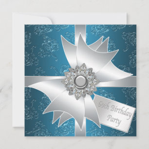 Blue White Diamond Bow Womans 60. Geburtstagsparty Einladung