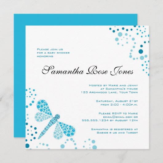 Blue & White Dragonfly Elegante Babydusche Einladung (Vorne/Hinten)