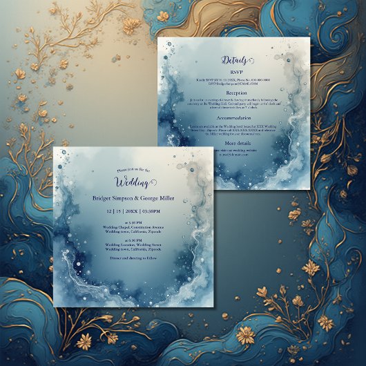 blue white Dreamy coastal marble ink wedding Einladung