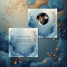 blue white Dreamy coastal marble ink wedding photo Dankeskarte