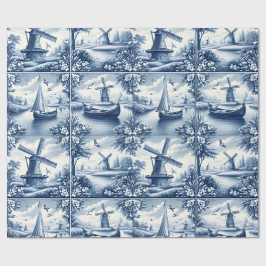 Blue & White Dutch Landscape Pattern • Tile-Inspir Geschenkpapier (Flach)