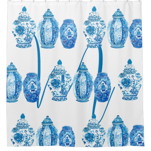 Blue White Elegant Ginger Jar Monogram Duschvorhang (Vorderseite)