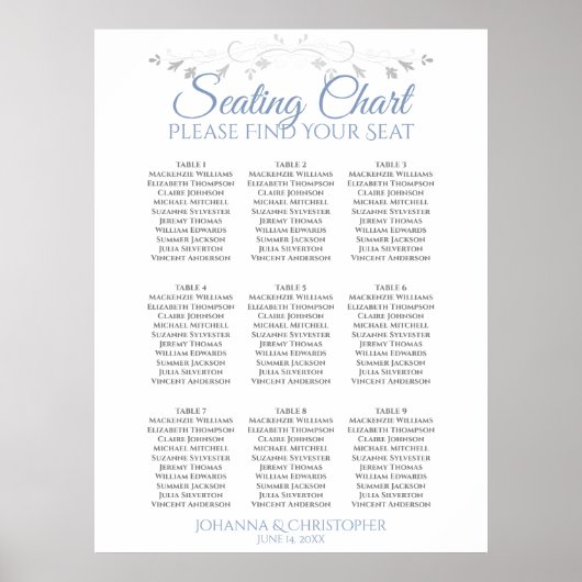Blue & White Elegante 9 Table Wedding Seating Char Poster (Vorne)